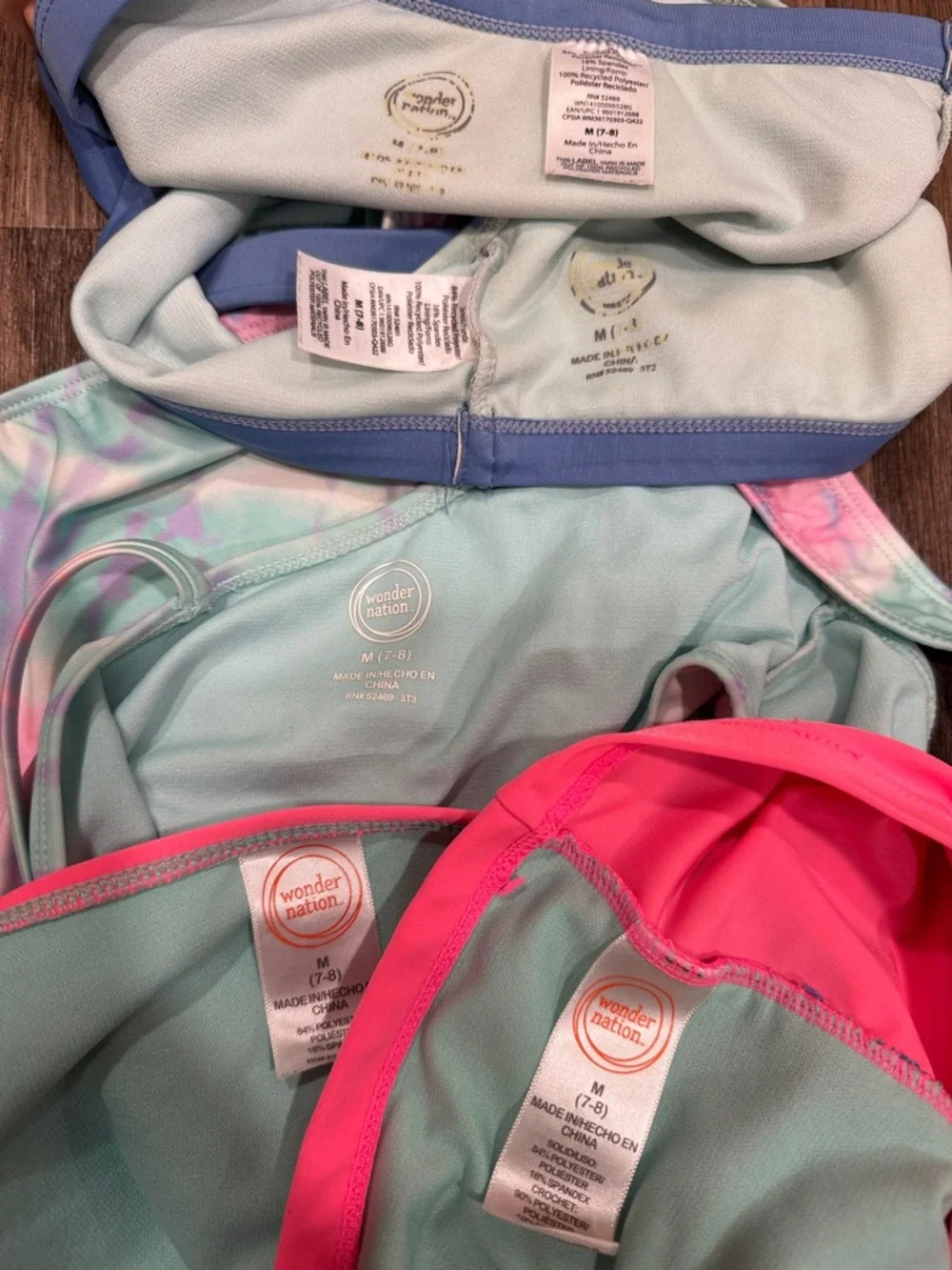 Lot of 3 Size 7/8 Swimsuits Pastel Tie-Dye, Mint & Neon Pink Girls Swim Tops